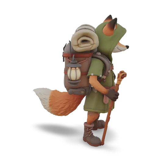 A stylized cartoon fox adventurer standing upright, wearing a green hooded cloak and leather boots, a large backpack with a bedroll and a hanging lantern, a walking staff in one paw, bushy orange tail, friendly expression, game character, centered, isolated.
