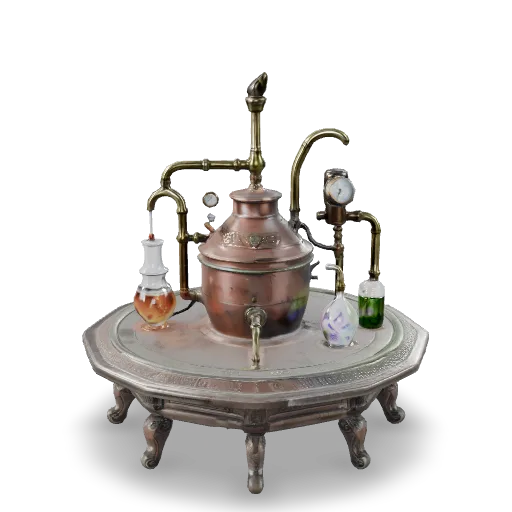 An elaborate fantasy alchemy apparatus, copper boiler, glass vessels, curved brass pipes, pressure gauges, crystal containers filled with glowing liquid, engraved metal fittings, aged patina, intricate tabletop prop, highly detailed 3D model, centered, isolated.