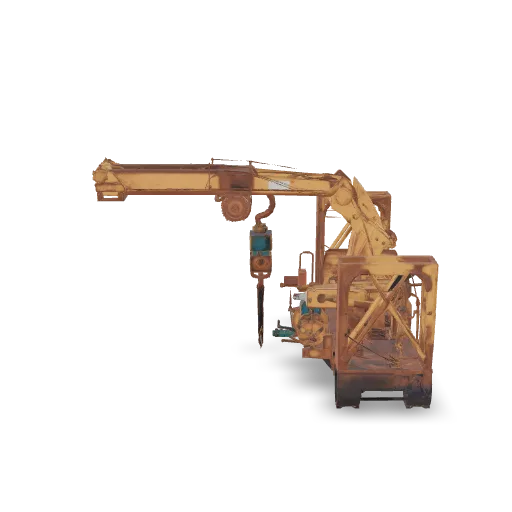 A heavy industrial crane arm, articulated joints, hydraulic cylinders, steel beams, hook assembly, cables and pulleys, weathered paint, grease marks, bolts and welded seams, realistic construction machinery design, high-detail 3D model, centered, isolated, no background.