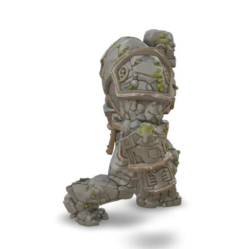 An ancient stone golem, massive humanoid body made of cracked granite blocks, engraved runes, bronze bindings, glowing amber core in the chest, moss and weathering, powerful silhouette, highly detailed fantasy 3D creature, centered, isolated, no background.