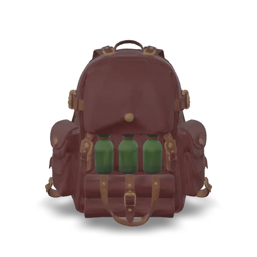 Retexture this backpack with aged burgundy leather, dark brown straps, antique brass buckles, and a charcoal wool blanket. Give the three potion bottles distinct emerald-green, amber, and deep-violet glass finishes. Add subtle leather creases, worn edges, and restrained brass patina. Rich handcrafted fantasy materials with clean separation between leather, metal, cloth, and glass. No symbols or lettering.