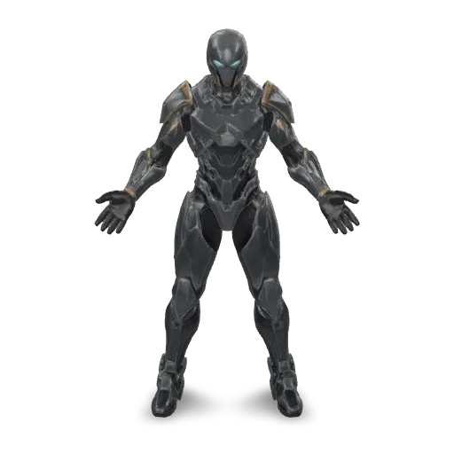 Texture this armored humanoid with matte charcoal-black armor plates, brushed gold trim, and dark titanium mechanical joints. Add deep crimson accents to the shoulders and chest, pale cyan lenses over the eyes, and black rubber seals between armor panels. Include subtle edge wear, fine scratches, and restrained surface weathering. Keep clear material separation and consistent detailing across the front and back. Preserve the existing geometry and pose. Realistic physically based materials, premium sci-fi craftsmanship.