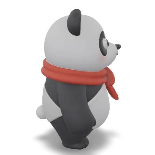A chubby cartoon panda wearing a red scarf, big round head, stubby limbs, matte plush texture, cute stylized proportions