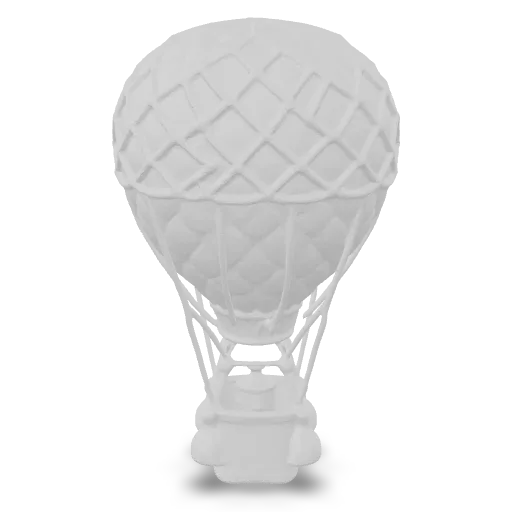 A vintage hot air balloon with a patterned quilted envelope, rope netting, sandbags and a woven wicker basket with a small brass burner
