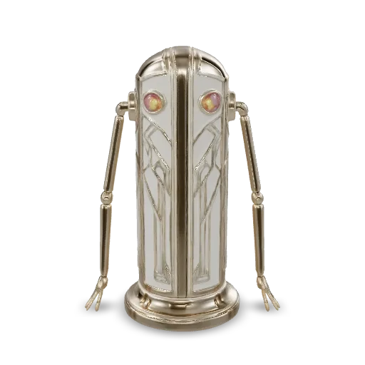 An elegant Art Deco automaton, polished brass body, ivory enamel panels, geometric gold patterns, slender mechanical limbs, glowing amber eyes, symmetrical ornamental design, luxury 1920s machine aesthetic, premium collectible 3D model, centered, isolated, no background.