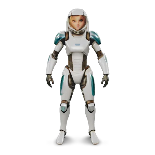 Create a fully textured 3D model of a female sci-fi explorer in a sleek white and teal exosuit. She is in a neutral T-pose, no helmet, short hair, athletic but realistic proportions. The suit has layered armor plates, glowing blue accents and flexible fabric areas at the joints. Output a game-ready character with clean topology and PBR textures (metal, fabric, emissive), suitable for real-time use in Unity or Unreal. No base, no environment, just the character on a neutral ground plane.