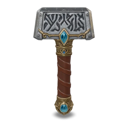 An ornate fantasy war hammer with a runic engraved steel head, gold filigree, wrapped leather grip and a glowing blue gem in the pommel, high-detail game asset