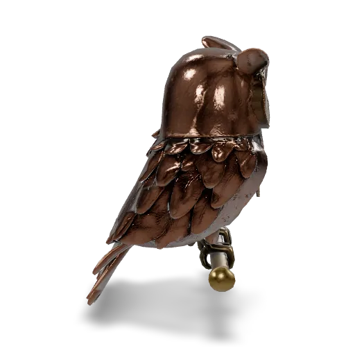A clockwork mechanical owl automaton perched on a brass branch, layered hammered copper feathers, exposed gears and springs in the chest, glowing amber glass eyes, riveted wing joints, aged patina, highly detailed steampunk sculpture, single isolated object.