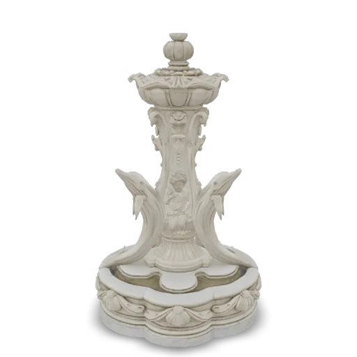An ornate Baroque marble fountain with a round scalloped basin, three leaping dolphins supporting a carved upper bowl, a cherub statue holding a shell at the top, acanthus leaf carvings, veined white marble with subtle weathering, high-detail architectural piece, centered, isolated, no background.
