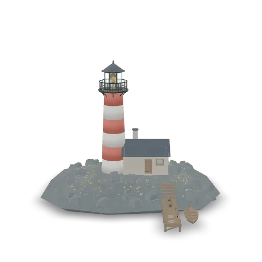 A weathered stone lighthouse standing on a small rocky islet. Build a tapered white-and-red striped tower with a wrought-iron gallery railing, a glass lantern room with a brass lamp, and a small keeper's cottage with a slate roof attached at the base. Add a wooden jetty with a moored rowboat, coiled ropes, lobster traps, scattered barnacled rocks and tufts of sea grass. Realistic materials and coherent scale, the whole islet as one compact scene.