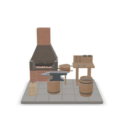 A medieval blacksmith's forge corner as a compact scene. Include a brick forge with a glowing coal bed and a leather bellows, a heavy iron anvil on an oak stump, a quenching barrel, a rack of tongs and hammers, a half-finished sword on the anvil, stacked firewood and a workbench with horseshoes. Stone floor base, soot-stained bricks, worn metal and wood with realistic wear.