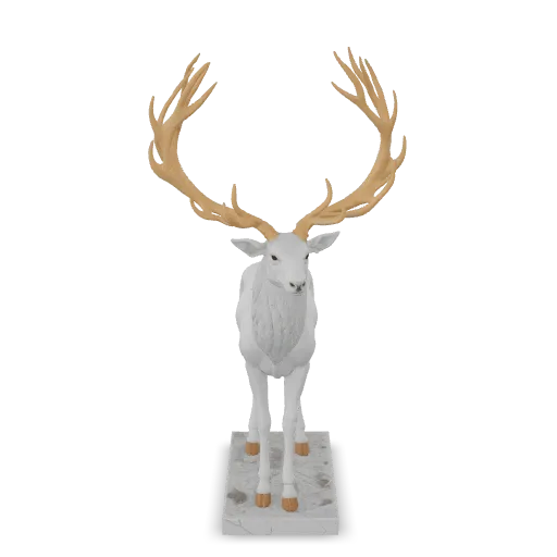 A majestic stag statue with large branching antlers standing proudly on a mossy rock, polished white marble with gold leaf accents on the antlers, highly detailed sculpture