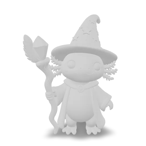 A cute stylized pink axolotl wizard standing upright, wearing a starry purple pointed hat and a flowing robe, holding a crooked wooden staff topped with a glowing crystal, feathery gills, big friendly eyes, collectible figurine, single object, centered.