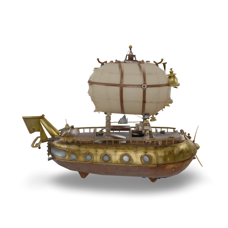 An ornate steampunk airship: a riveted brass and copper hull with porthole windows, a wooden deck with railings and a ship wheel, twin brass propellers at the stern, rope rigging connecting to a patched canvas balloon with leather straps and a brass gondola lantern, weathered metal with scratches and patina, single isolated object, game asset