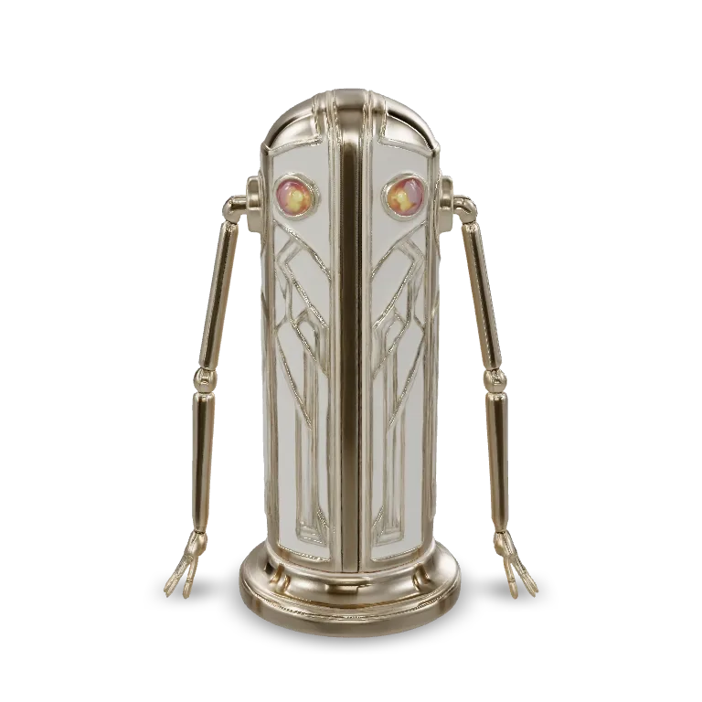 An elegant Art Deco automaton, polished brass body, ivory enamel panels, geometric gold patterns, slender mechanical limbs, glowing amber eyes, symmetrical ornamental design, luxury 1920s machine aesthetic, premium collectible 3D model, centered, isolated, no background.