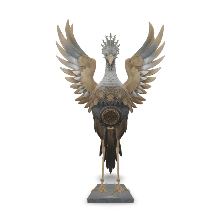A mechanical art sculpture shaped like a sacred phoenix, built from layered brushed metal feathers, polished brass joints, engraved ornamental plates, and delicate clockwork details. Elegant wings partially spread, long flowing tail, glowing core in the chest, subtle patina and wear, museum-quality collectible, strong silhouette, highly detailed fantasy-meets-industrial 3D model, realistic metal materials, centered, isolated, no background.
