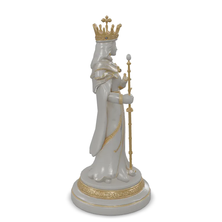 An ornate fantasy chess king piece carved from white marble with gold filigree inlays, a crown with tiny sapphire gems, flowing royal robe details, a scepter held against the chest, a stepped round base with engraved patterns, museum-quality collectible, single isolated object.