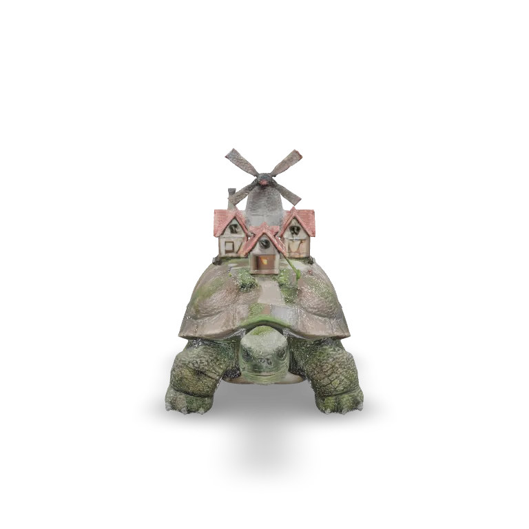 A giant ancient tortoise carrying a tiny village on its shell: small timber-framed houses with red tile roofs, a stone windmill, winding paths, little trees and lanterns, the tortoise with mossy wrinkled skin and a calm expression, whimsical fantasy creature, single isolated object.