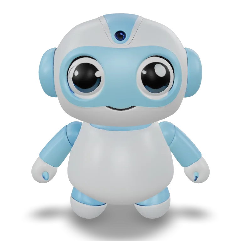 Create a cute 3D robot assistant character, small rounded body, expressive digital eyes, short arms, floating head, white and light blue plastic materials, soft bevels, friendly proportions, clean topology, stylized but polished, suitable for animation and game use