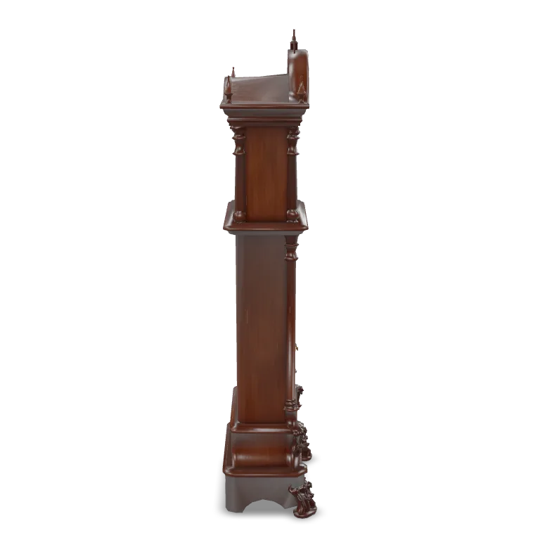 A gothic grandfather clock with a tall carved walnut case, pointed arch top with spires, an ornate brass clock face with filigree hands, a glass door showing a swinging brass pendulum, carved acanthus leaves and claw feet, antique furniture, single isolated object.