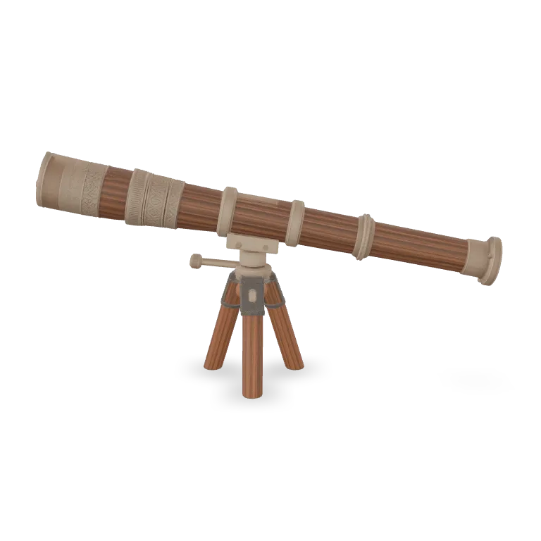 An ornate antique brass telescope on a wooden tripod stand, engraved decorative bands, adjustable eyepiece and polished lenses