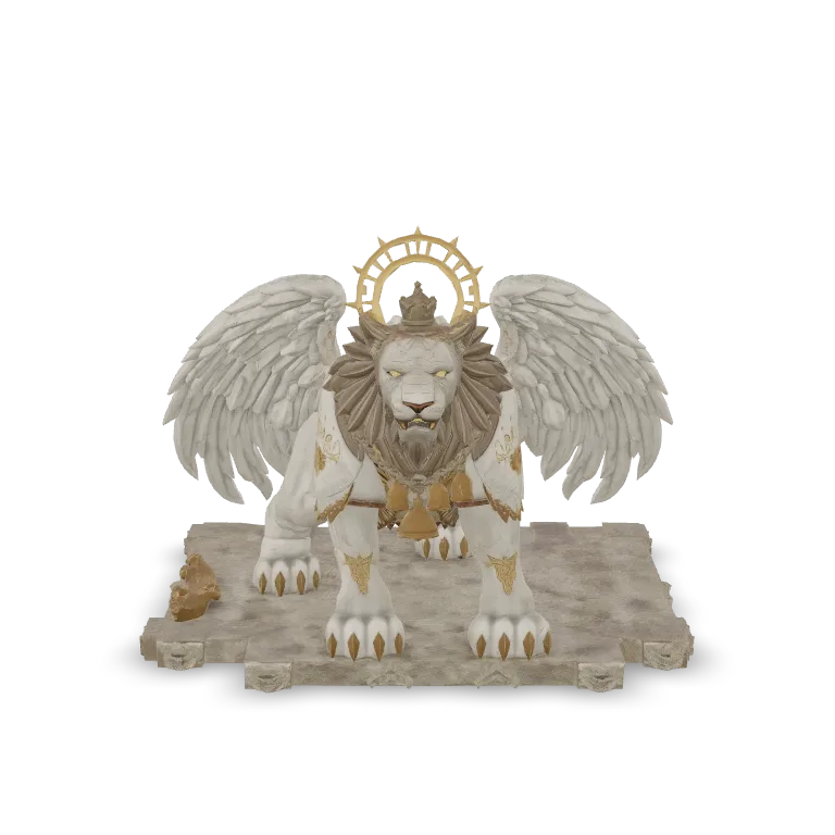 A colossal cathedral guardian beast, a lion-like sacred creature with enormous folded stone wings and a floating halo behind its head. Pale marble armor engraved with gothic patterns, gold inlays, stained-glass details, glowing amber cracks, a regal leonine face, golden horns, luminous eyes, bronze chains and ceremonial bells. Strong silhouette, majestic symmetry, high-detail fantasy 3D collectible, realistic stone, bronze, gold, and glass materials, centered, isolated, no background.