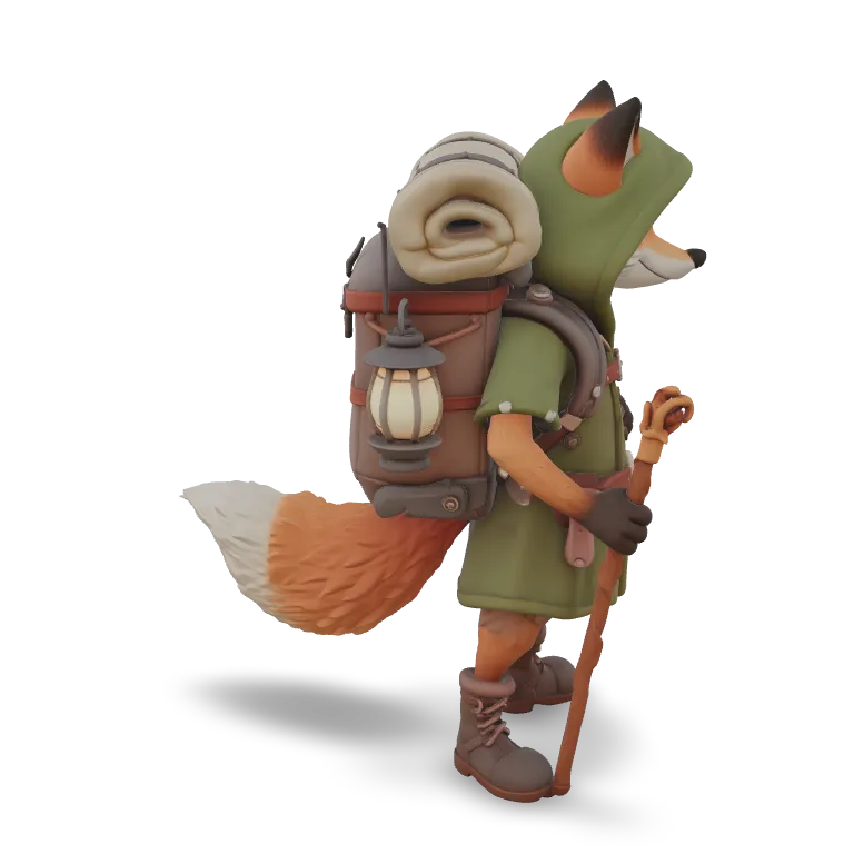 A stylized cartoon fox adventurer standing upright, wearing a green hooded cloak and leather boots, a large backpack with a bedroll and a hanging lantern, a walking staff in one paw, bushy orange tail, friendly expression, game character, centered, isolated.