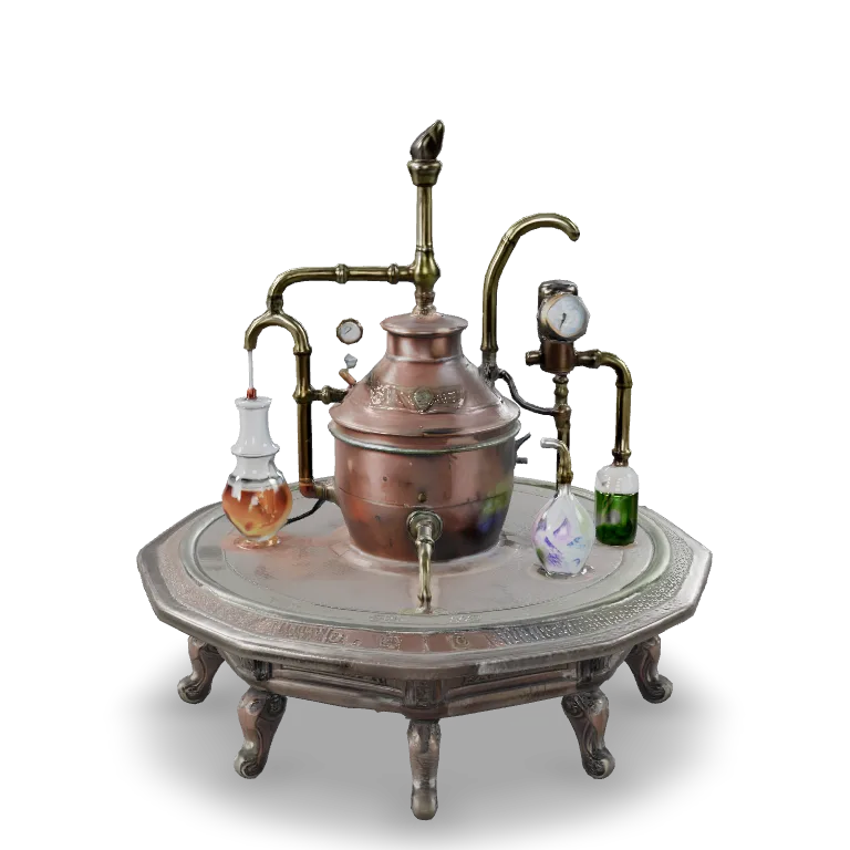 An elaborate fantasy alchemy apparatus, copper boiler, glass vessels, curved brass pipes, pressure gauges, crystal containers filled with glowing liquid, engraved metal fittings, aged patina, intricate tabletop prop, highly detailed 3D model, centered, isolated.