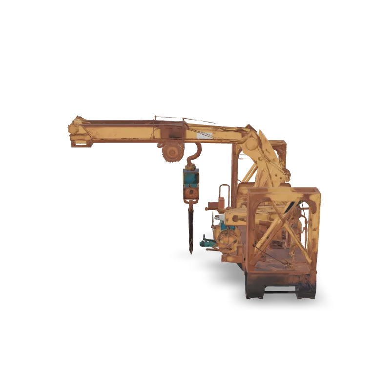 A heavy industrial crane arm, articulated joints, hydraulic cylinders, steel beams, hook assembly, cables and pulleys, weathered paint, grease marks, bolts and welded seams, realistic construction machinery design, high-detail 3D model, centered, isolated, no background.