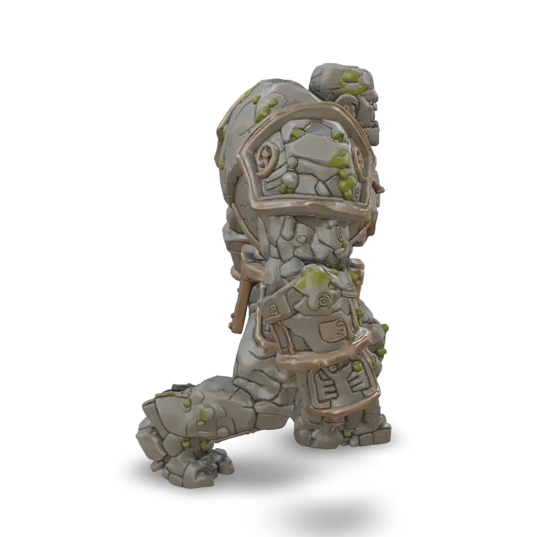 An ancient stone golem, massive humanoid body made of cracked granite blocks, engraved runes, bronze bindings, glowing amber core in the chest, moss and weathering, powerful silhouette, highly detailed fantasy 3D creature, centered, isolated, no background.