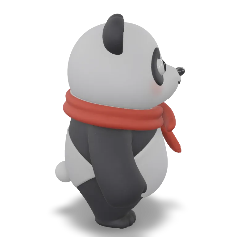 A chubby cartoon panda wearing a red scarf, big round head, stubby limbs, matte plush texture, cute stylized proportions