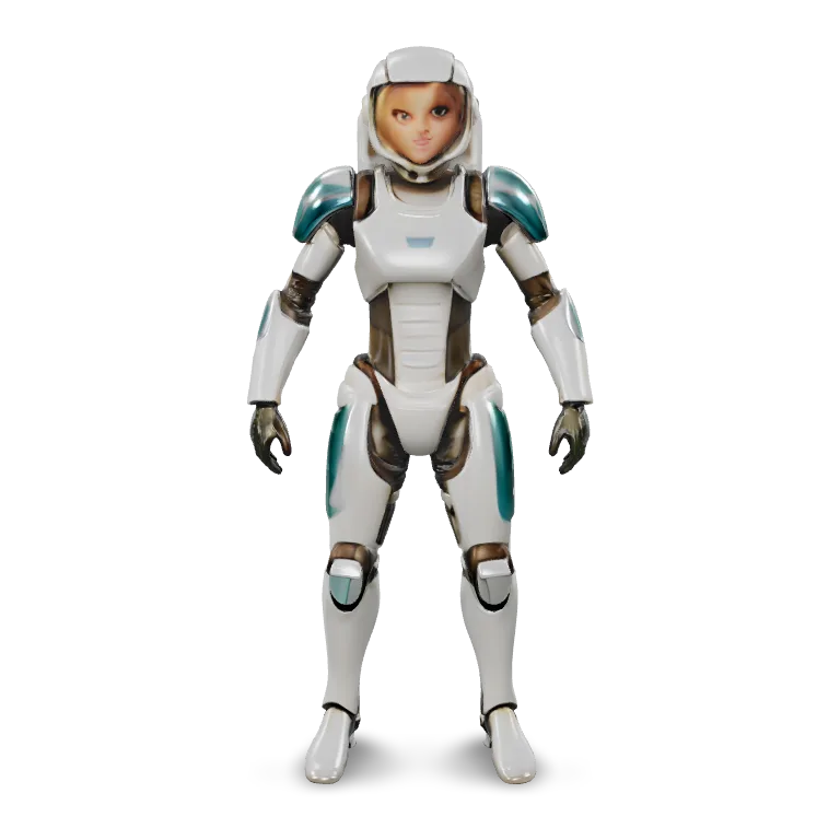 Create a fully textured 3D model of a female sci-fi explorer in a sleek white and teal exosuit. She is in a neutral T-pose, no helmet, short hair, athletic but realistic proportions. The suit has layered armor plates, glowing blue accents and flexible fabric areas at the joints. Output a game-ready character with clean topology and PBR textures (metal, fabric, emissive), suitable for real-time use in Unity or Unreal. No base, no environment, just the character on a neutral ground plane.