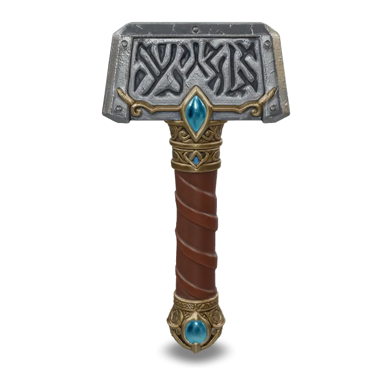 An ornate fantasy war hammer with a runic engraved steel head, gold filigree, wrapped leather grip and a glowing blue gem in the pommel, high-detail game asset
